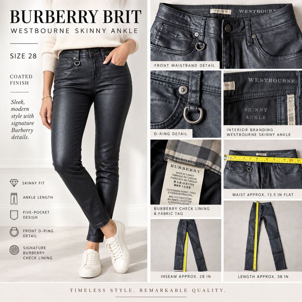 Burberry Brit Westbourne Black Coated Skinny Ankle Jeans Size 28